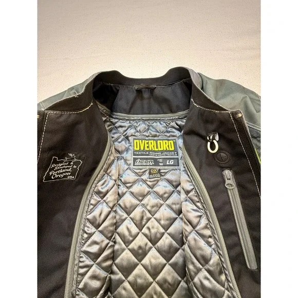 Icon Riding Jacket Mens LG Gray Overlord Textile D3O Armor Neon Green Moto Sport